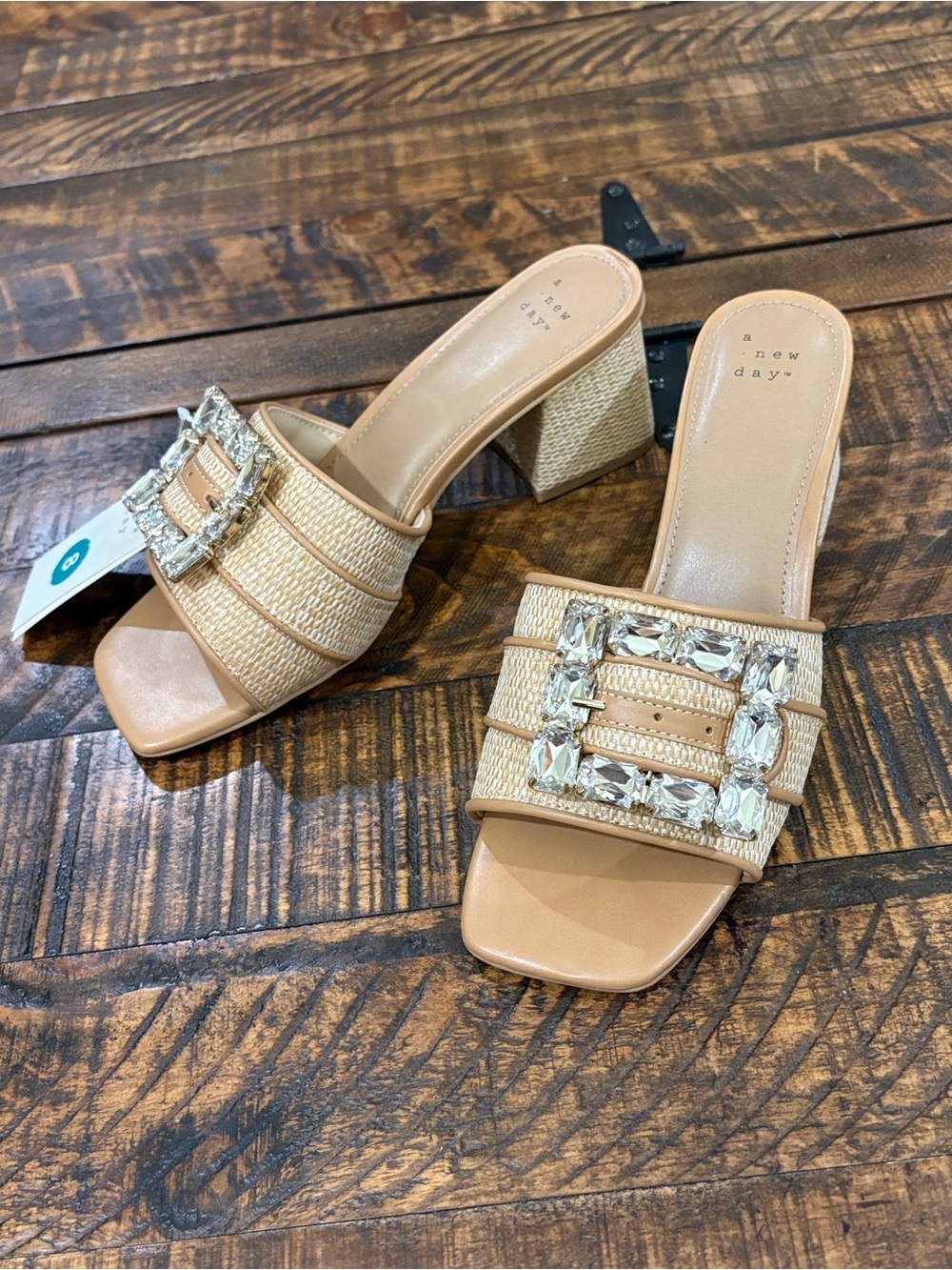 a new day Beige Crystal Buckle Block Heel Mules